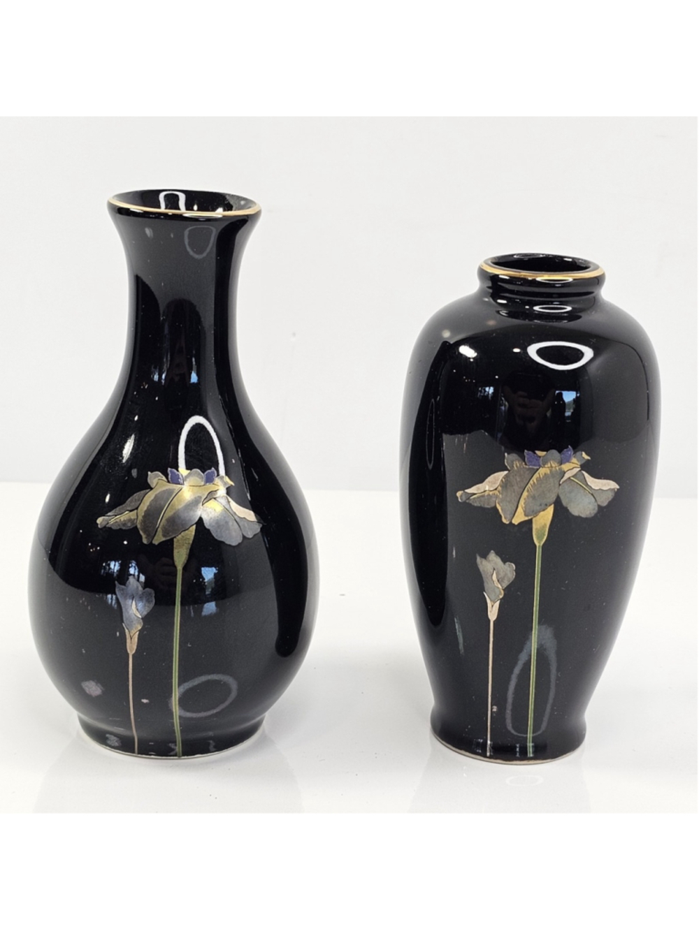 Vintage Otagiri Japan Golden Iris Bud Vase Pair Black Gold Floral Mini Vases